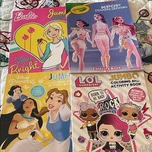 New Lot of Four Coloring Books Barbie, LOL, Disney, and K-POP Demon Hunters
